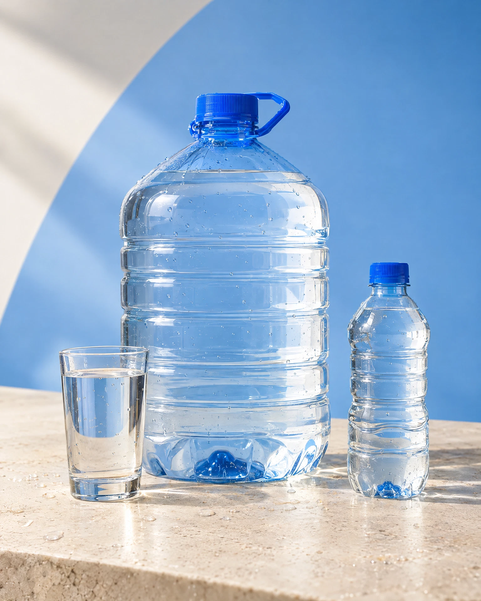 Conceptual product photograph of clear water containers and a drinking glass