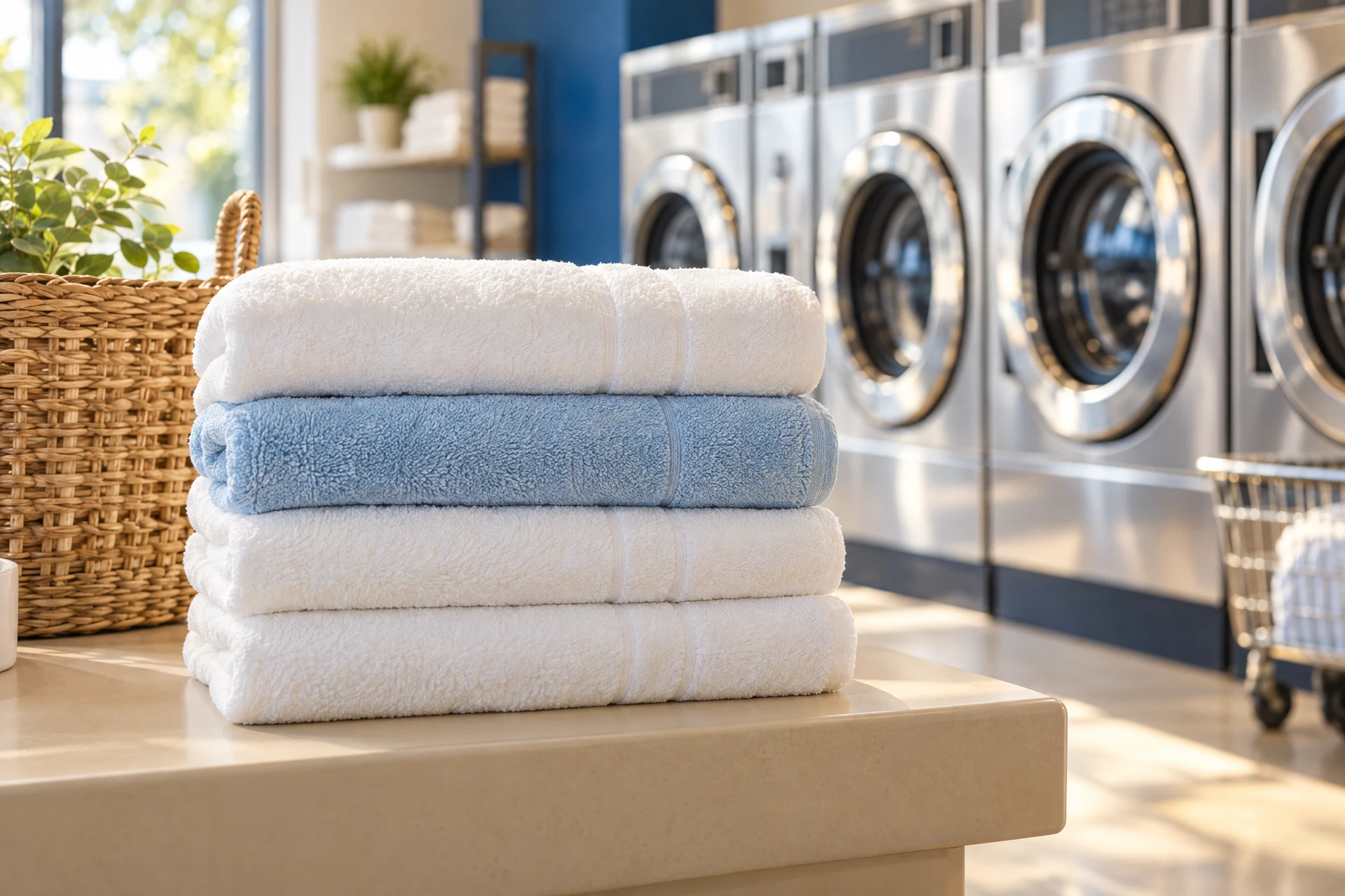 Illustrative photo of freshly folded towels in a laundromat